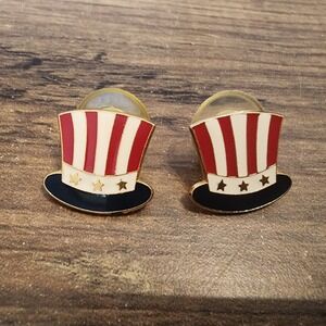 Red White Blue Stud Earrings Top Hat Stars & Stripes USA America Patriotic Metal
